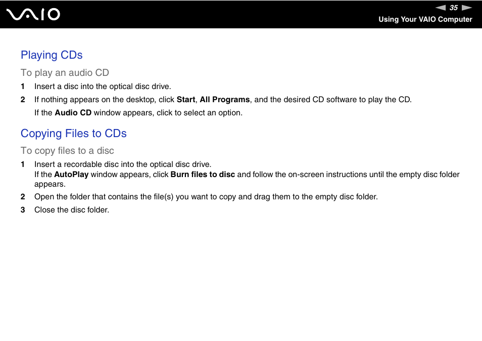 Playing cds, Copying files to cds | Sony V G C - J S 2 0 0 User Manual | Page 35 / 136