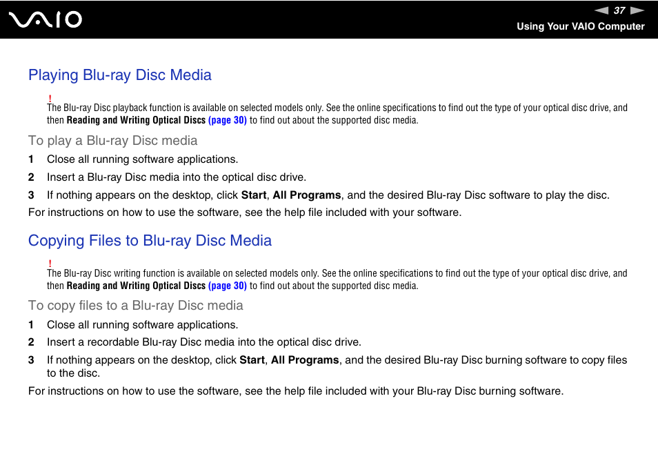 Playing blu-ray disc media, Copying files to blu-ray disc media | Sony V G C - J S 2 0 0 User Manual | Page 37 / 136