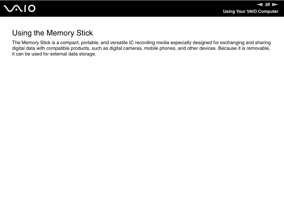 Using the memory stick | Sony V G C - J S 2 0 0 User Manual | Page 38 / 136