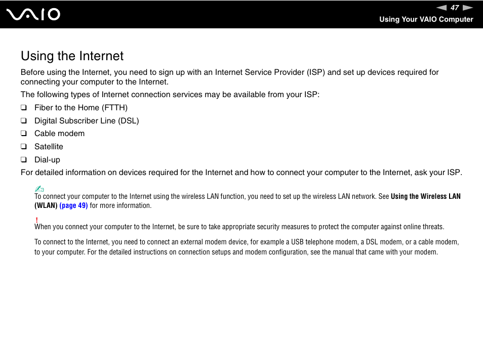 Using the internet | Sony V G C - J S 2 0 0 User Manual | Page 47 / 136