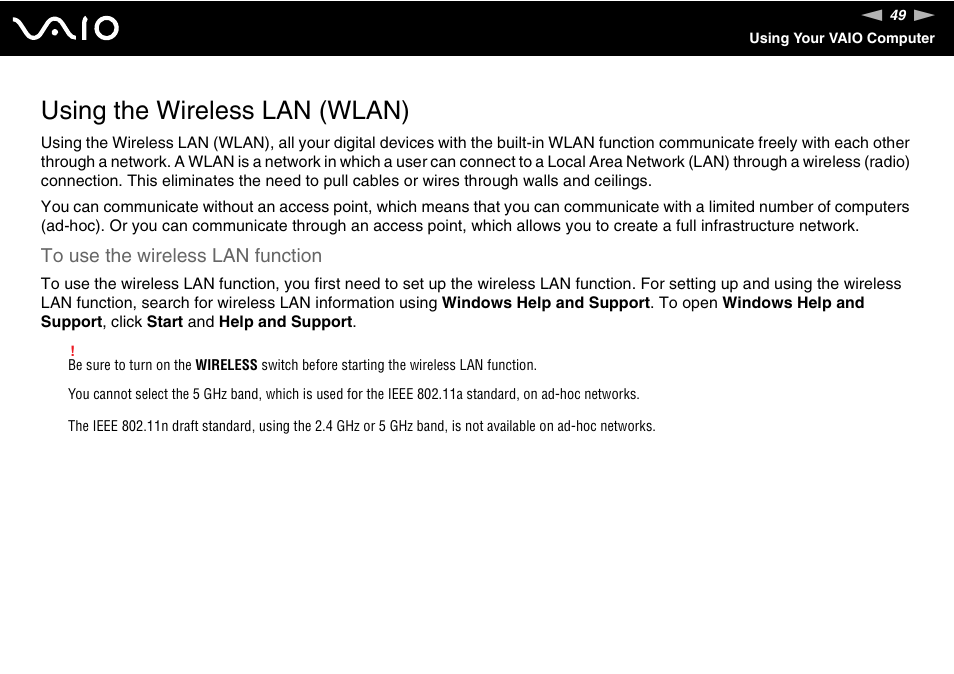Using the wireless lan (wlan) | Sony V G C - J S 2 0 0 User Manual | Page 49 / 136