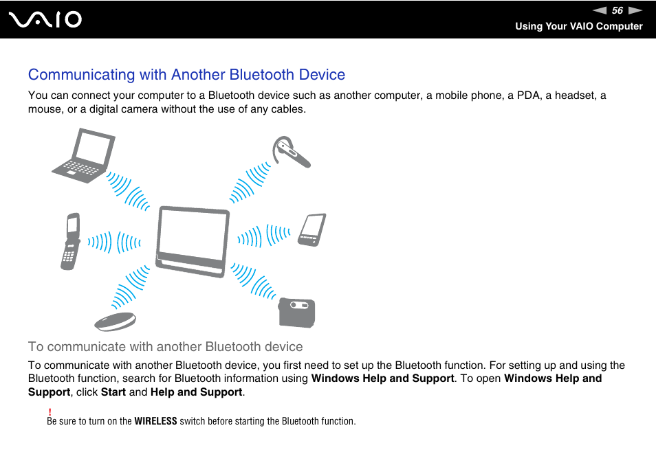 Communicating with another bluetooth device | Sony V G C - J S 2 0 0 User Manual | Page 56 / 136