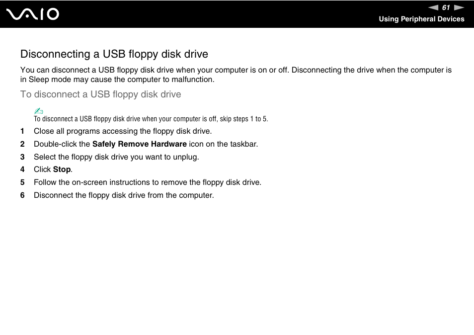 Disconnecting a usb floppy disk drive | Sony V G C - J S 2 0 0 User Manual | Page 61 / 136