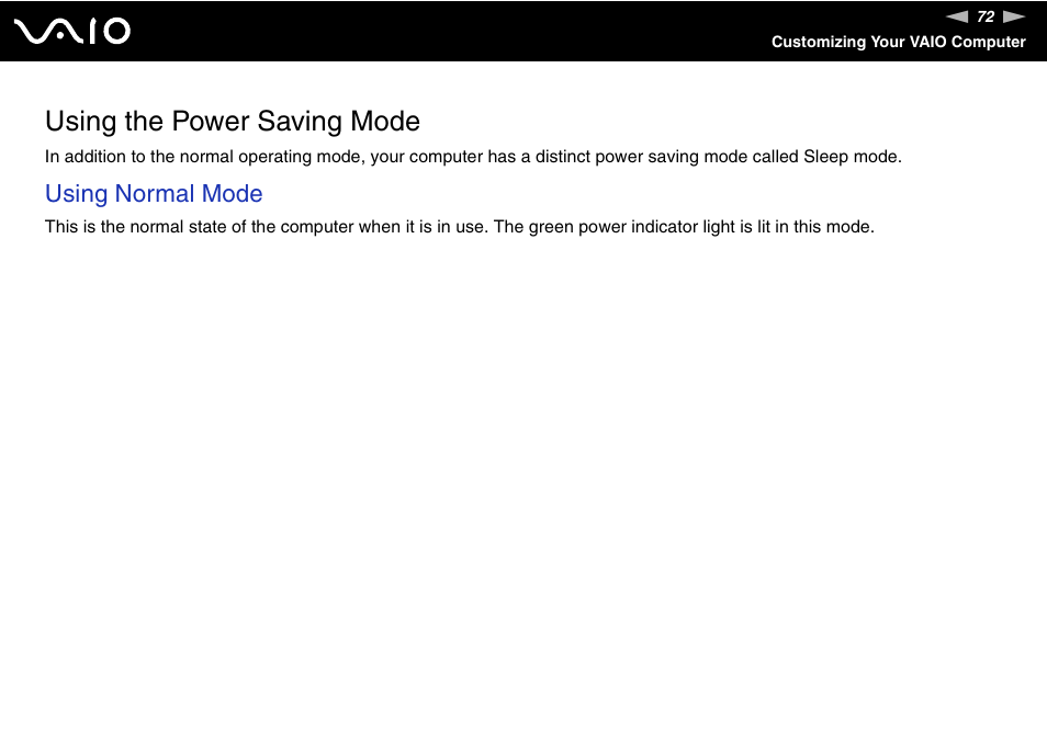 Using the power saving mode, Using normal mode | Sony V G C - J S 2 0 0 User Manual | Page 72 / 136