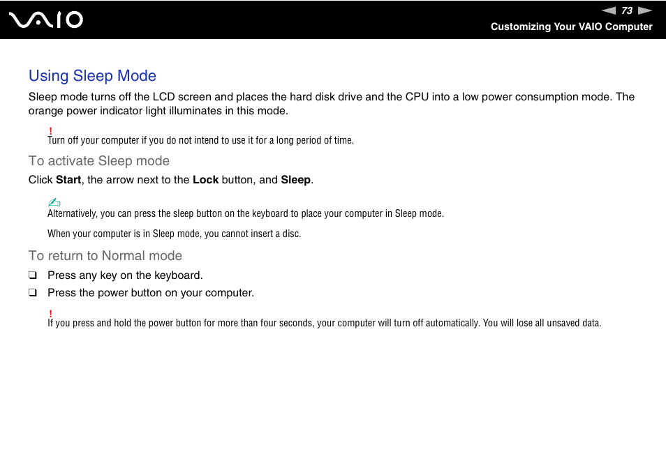 Using sleep mode | Sony V G C - J S 2 0 0 User Manual | Page 73 / 136