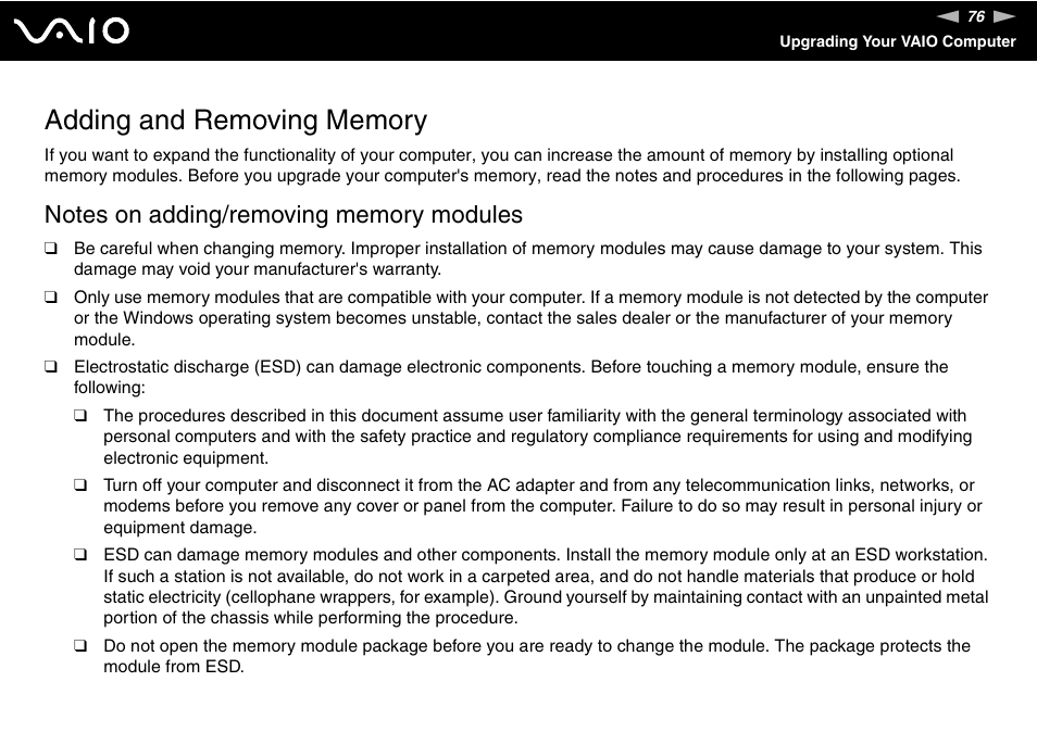 Adding and removing memory | Sony V G C - J S 2 0 0 User Manual | Page 76 / 136