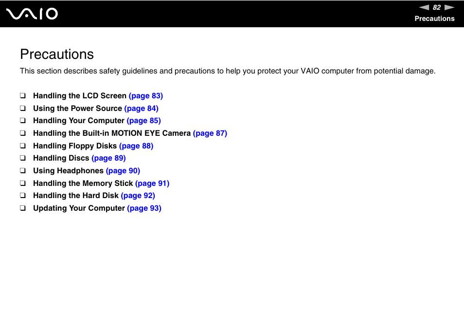 Precautions | Sony V G C - J S 2 0 0 User Manual | Page 82 / 136