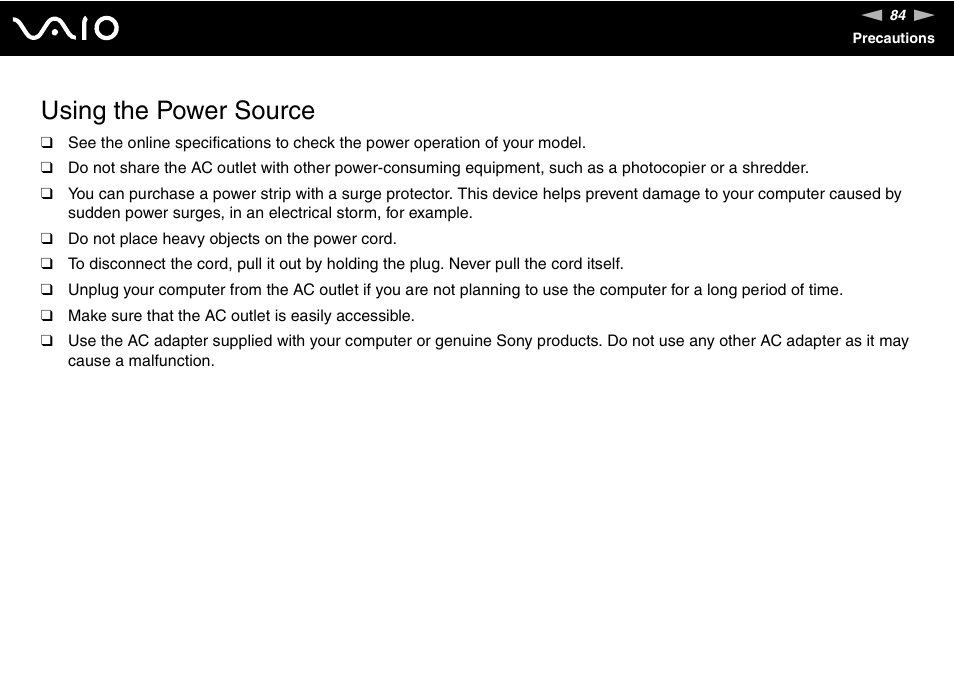 Using the power source | Sony V G C - J S 2 0 0 User Manual | Page 84 / 136