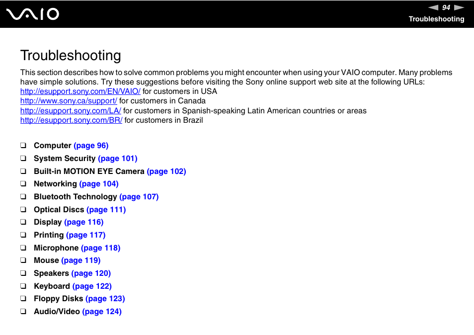 Troubleshooting | Sony V G C - J S 2 0 0 User Manual | Page 94 / 136