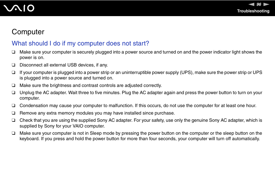 Computer, What should i do if my computer does not start | Sony V G C - J S 2 0 0 User Manual | Page 96 / 136