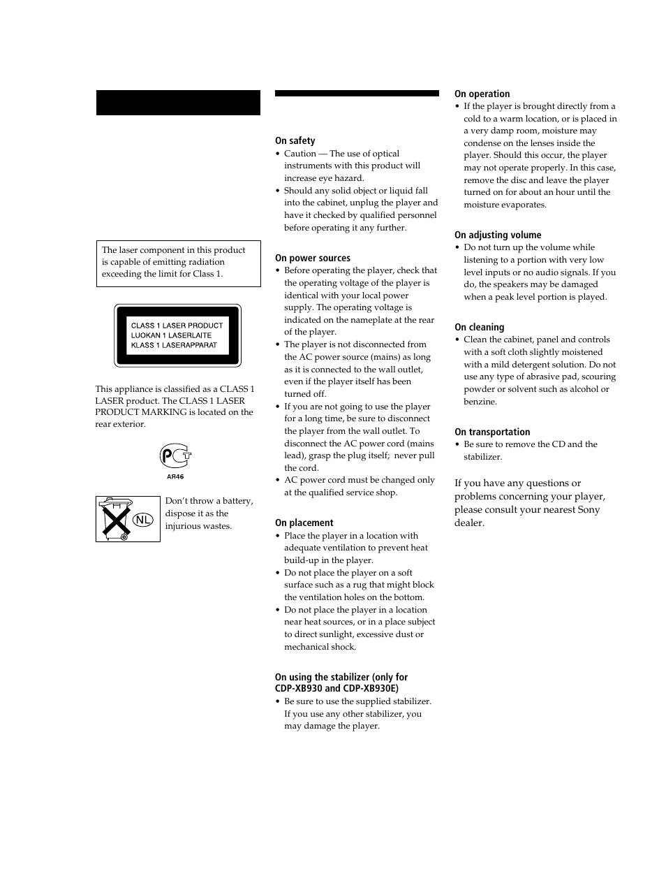 Precautions, Warning | Sony CDP-XB630 User Manual | Page 2 / 64