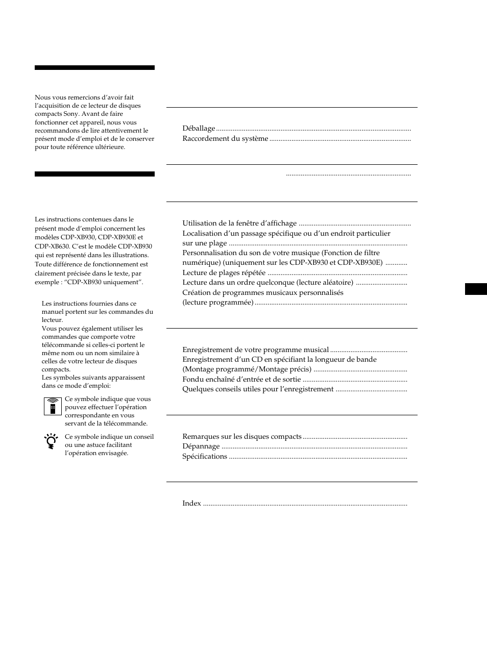 Able des matieres, Bienvenue, A propos de ce manuel | Sony CDP-XB630 User Manual | Page 23 / 64