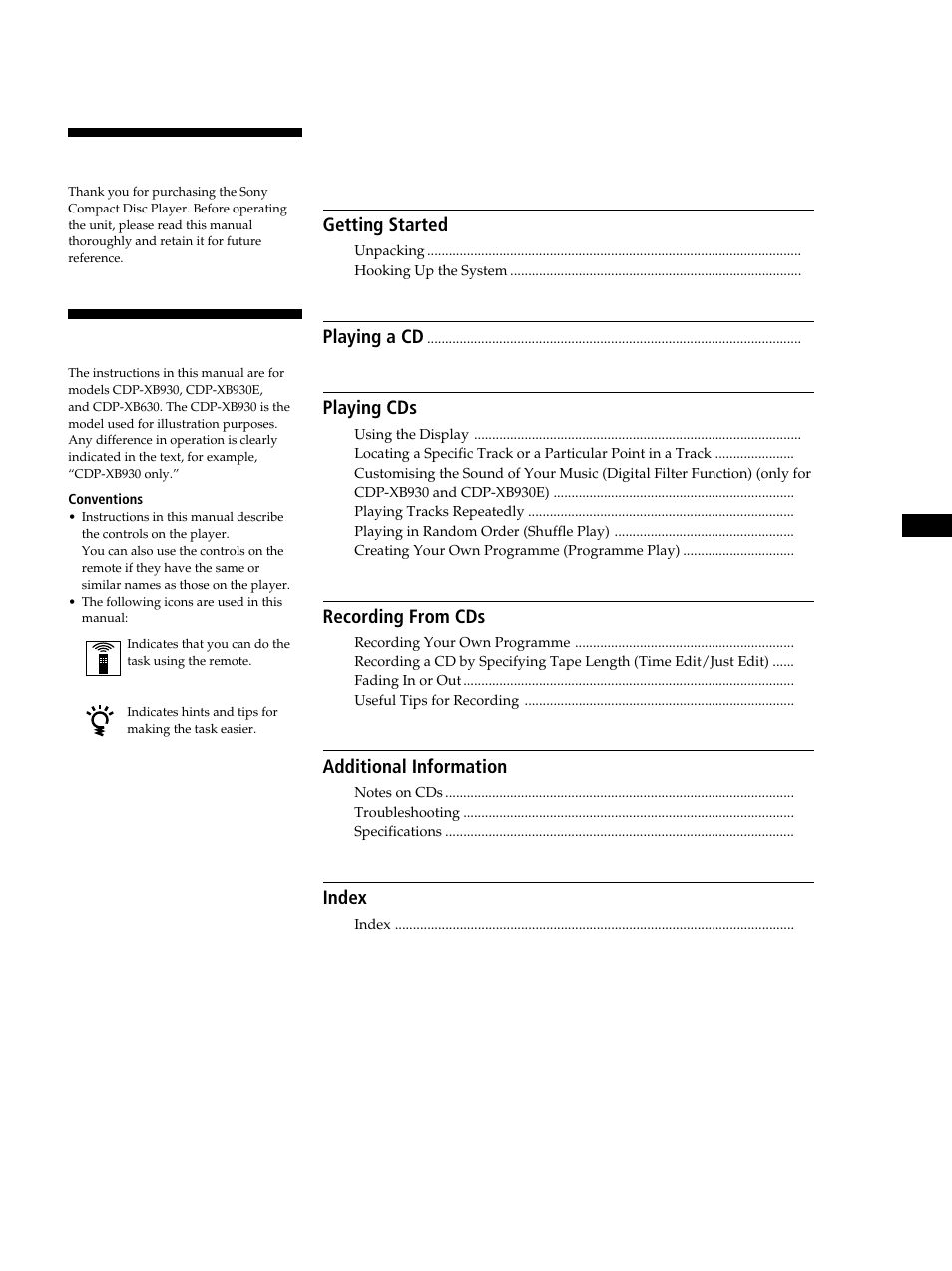Able of contents, Welcome, About this manual | Sony CDP-XB630 User Manual | Page 3 / 64