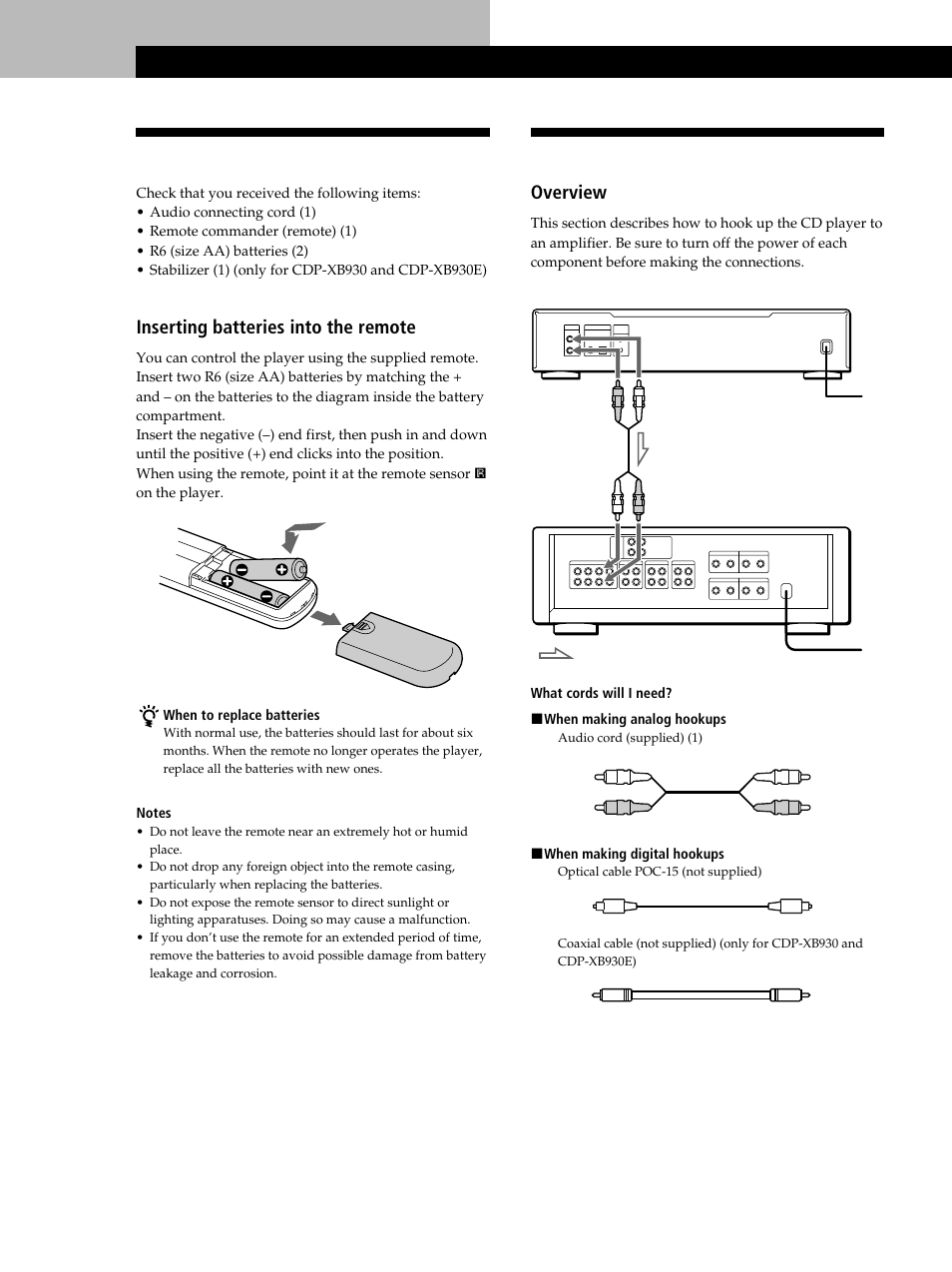 Unpacking, Hooking up the system, Getting started | Inserting batteries into the remote, Overview | Sony CDP-XB630 User Manual | Page 4 / 64