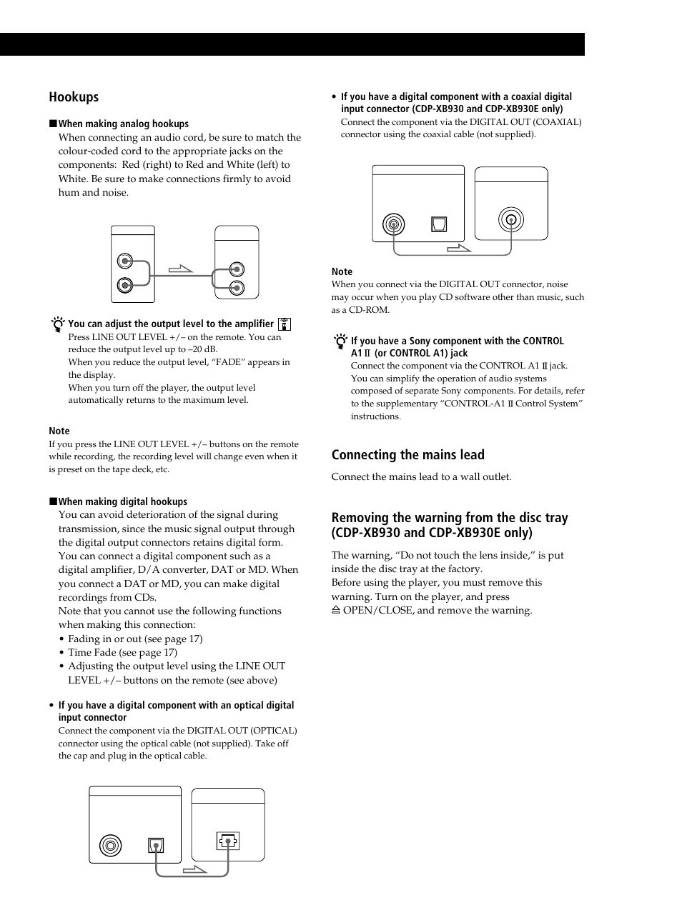 Getting started, Hookups, Connecting the mains lead | Where do i go next | Sony CDP-XB630 User Manual | Page 5 / 64