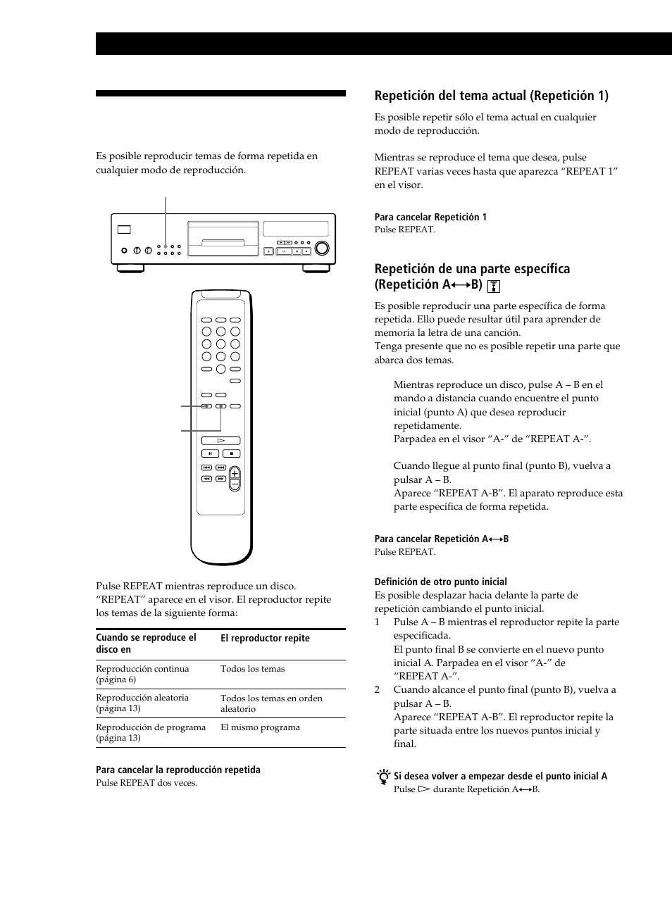 Reproducción repetida de temas, Reproducción de discos compactos, Repetición del tema actual (repetición 1) | Sony CDP-XB630 User Manual | Page 52 / 64