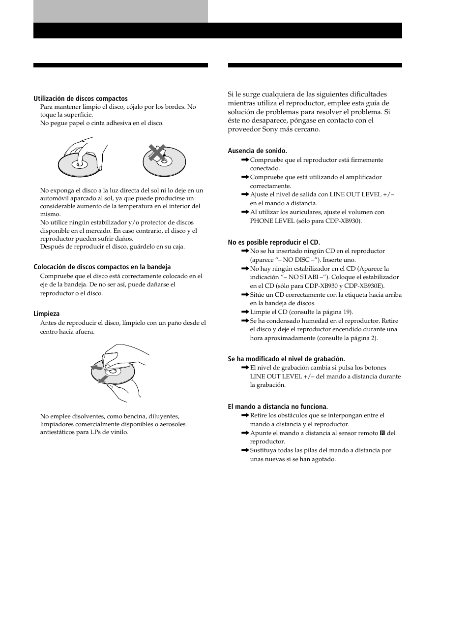 Notas sobre discos compactos, Solución de problemas, Información adicional | Sony CDP-XB630 User Manual | Page 59 / 64