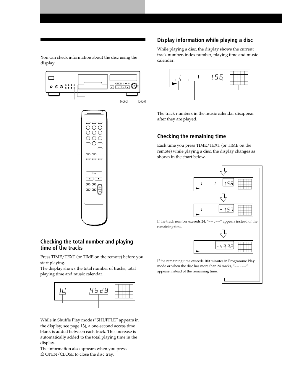 Using the display, Playing cds, Display information while playing a disc | Checking the remaining time, Time/text, Language ≠ ams, Display on/off time | Sony CDP-XB630 User Manual | Page 8 / 64