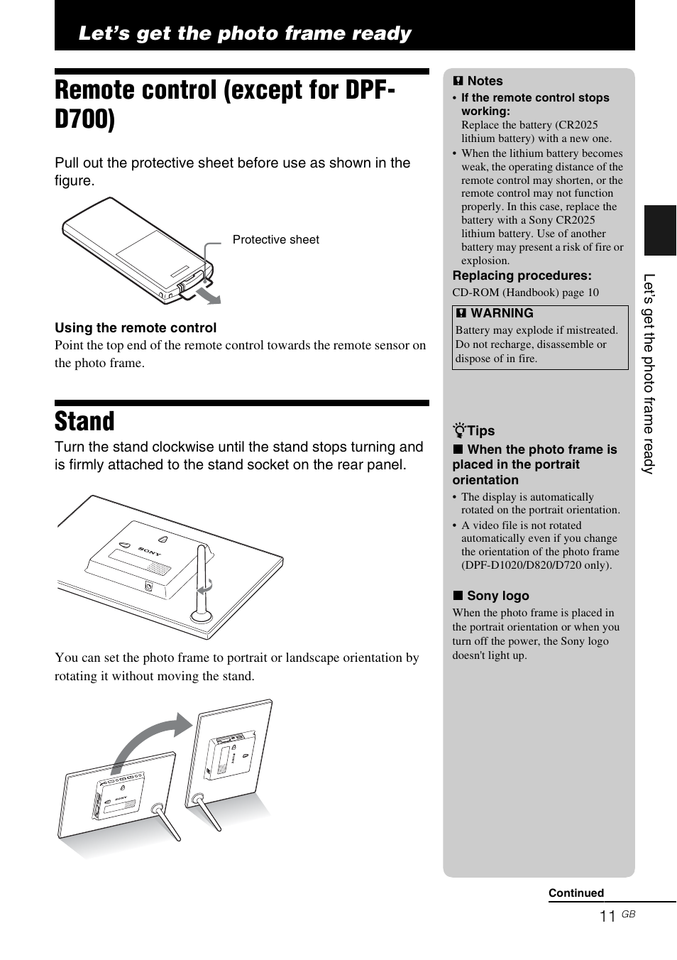 Let’s get the photo frame ready, Remote control (except for dpf-d700), Stand | Let’s get the photo, Frame ready, Remote control (except for dpf-d700) stand, Remote control (except for dpf- d700) | Sony D820 User Manual | Page 11 / 40