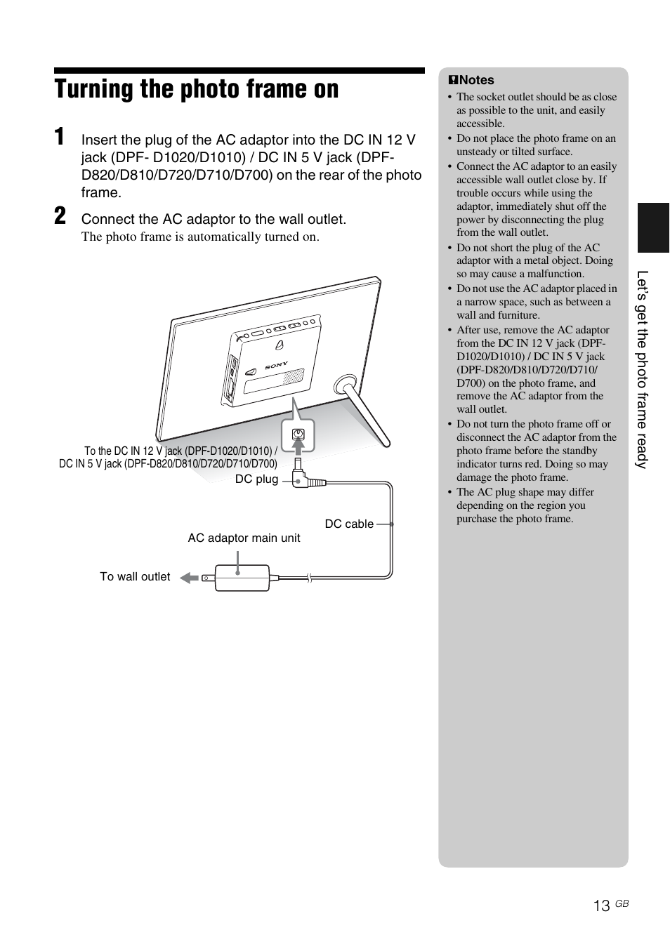 Turning the photo frame on | Sony D820 User Manual | Page 13 / 40