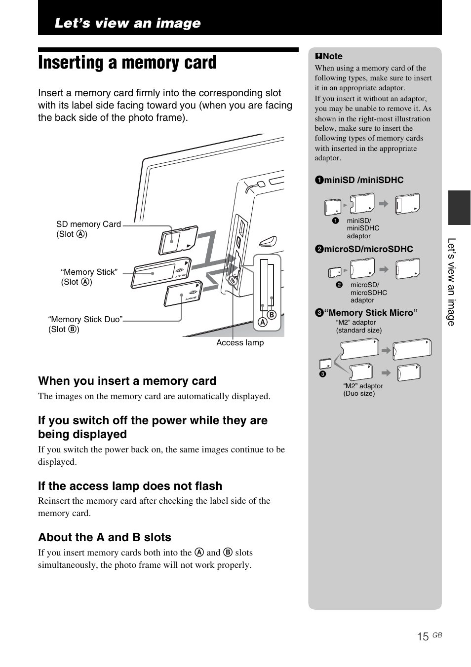 Let’s view an image, Inserting a memory card, If the access lamp does not flash | About the a and b slots | Sony D820 User Manual | Page 15 / 40