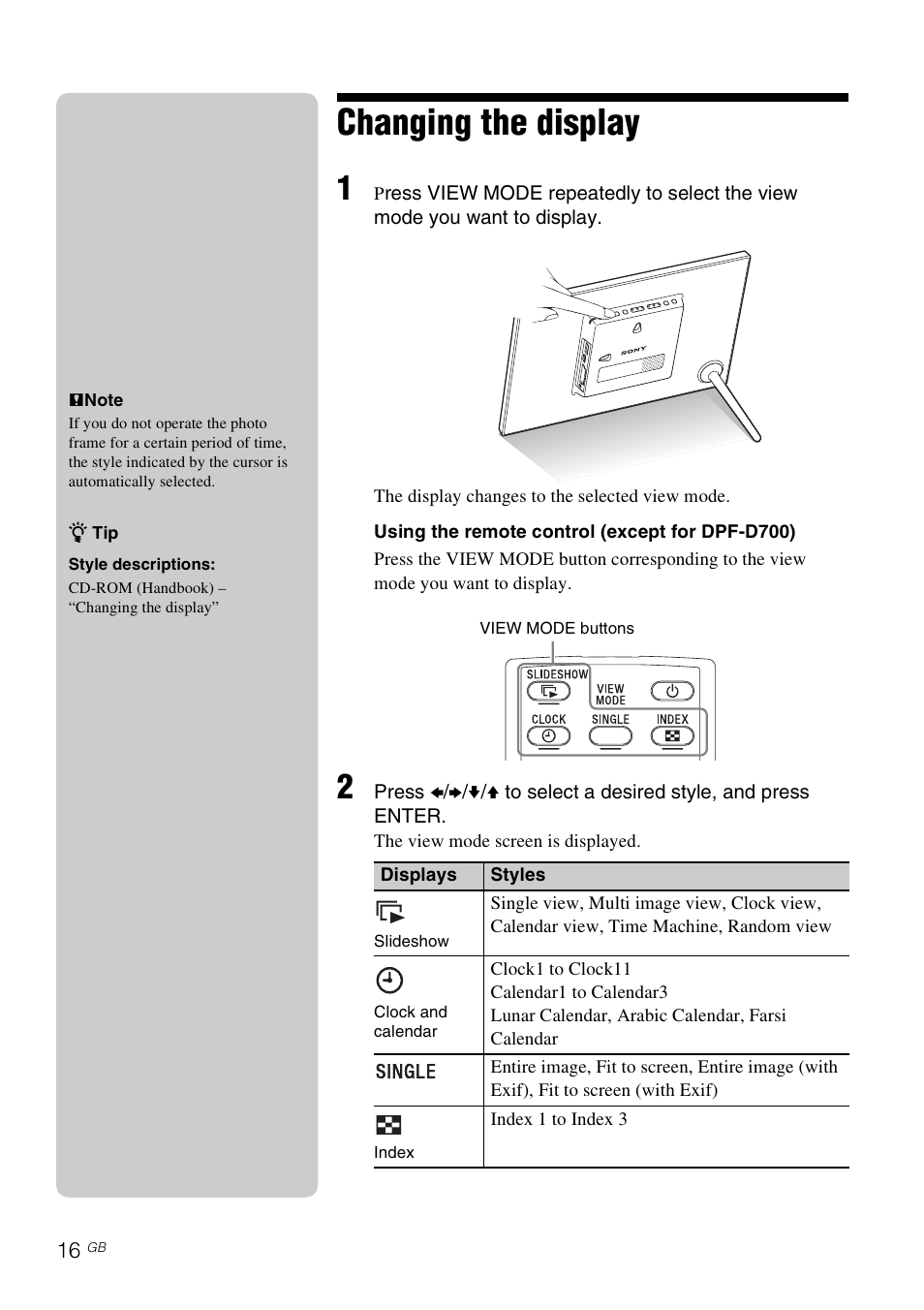 Changing the display | Sony D820 User Manual | Page 16 / 40