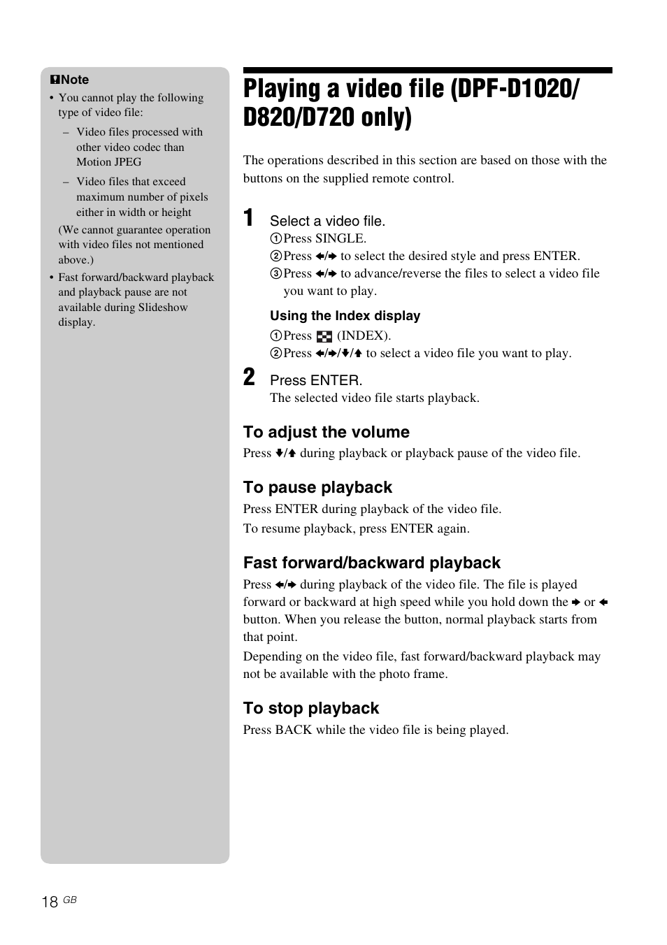 Playing a video file (dpf-d1020/d820/d720 only), Fast forward/backward playback | Sony D820 User Manual | Page 18 / 40
