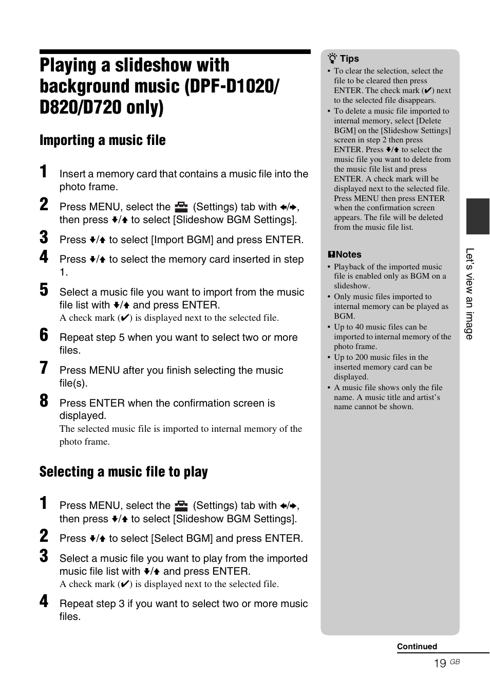 Importing a music file, Selecting a music file to play | Sony D820 User Manual | Page 19 / 40