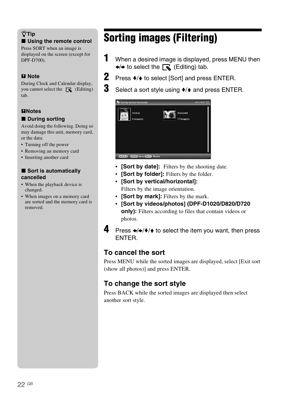 Sorting images (filtering) | Sony D820 User Manual | Page 22 / 40