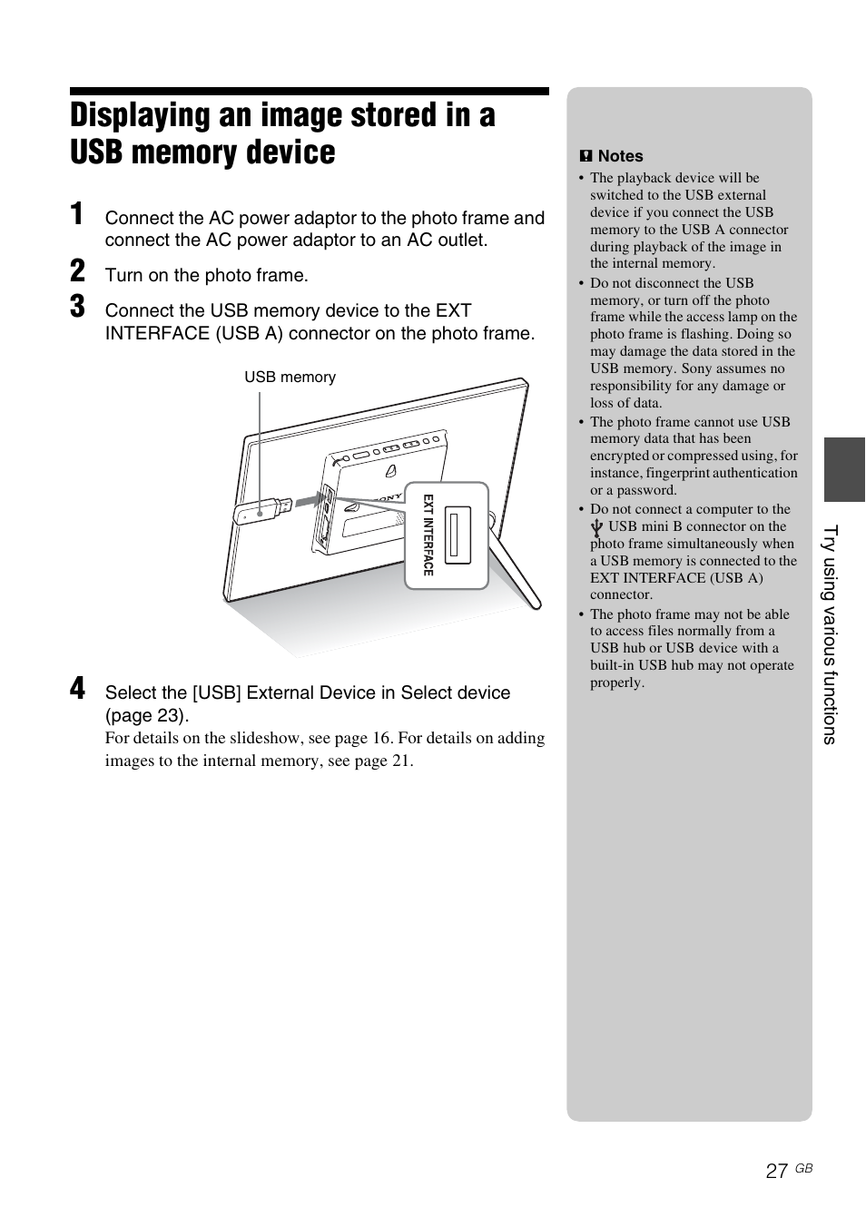 Displaying an image stored in a usb memory device | Sony D820 User Manual | Page 27 / 40