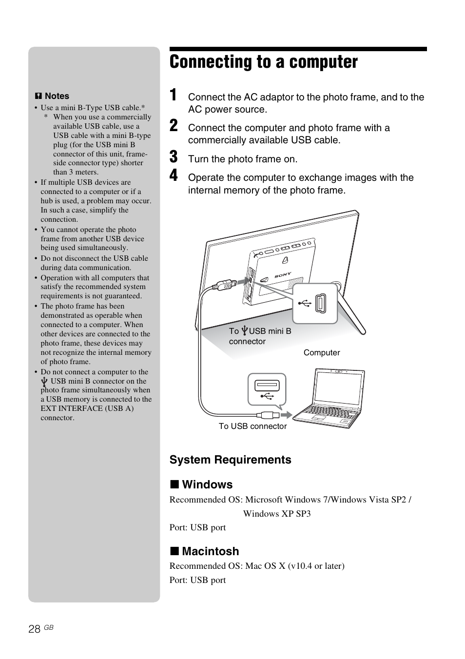 Connecting to a computer, System requirements x windows, X macintosh | Sony D820 User Manual | Page 28 / 40