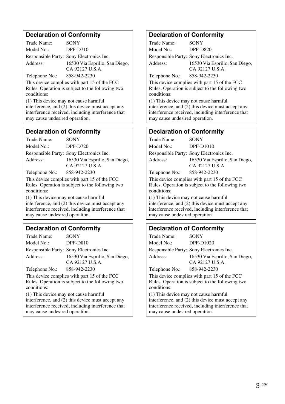 Declaration of conformity | Sony D820 User Manual | Page 3 / 40