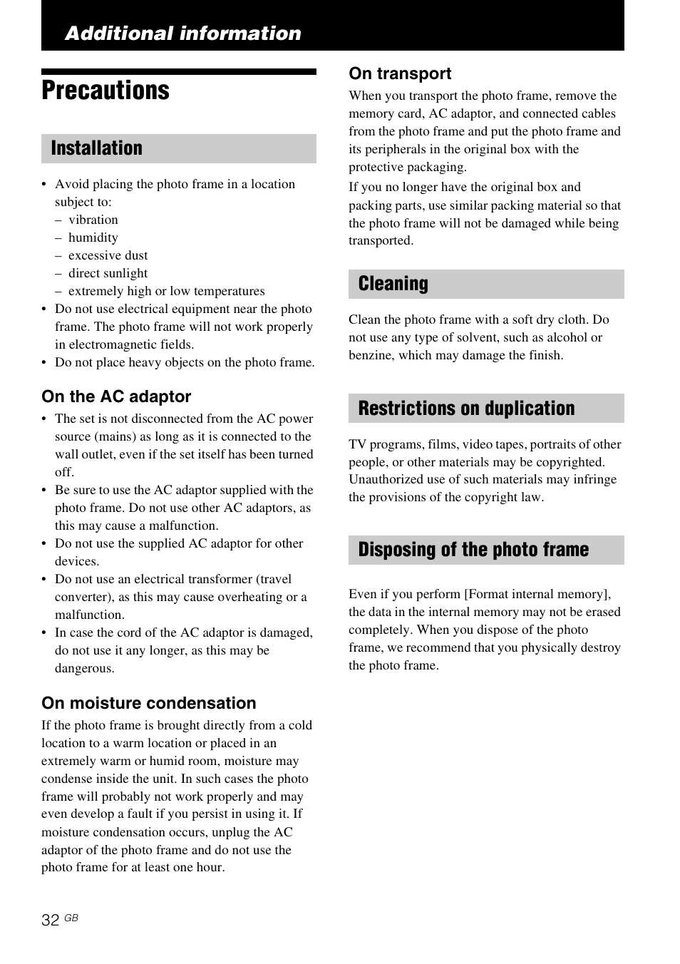 Additional information, Precautions, Installation | Cleaning, Restrictions on duplication, Disposing of the photo frame | Sony D820 User Manual | Page 32 / 40