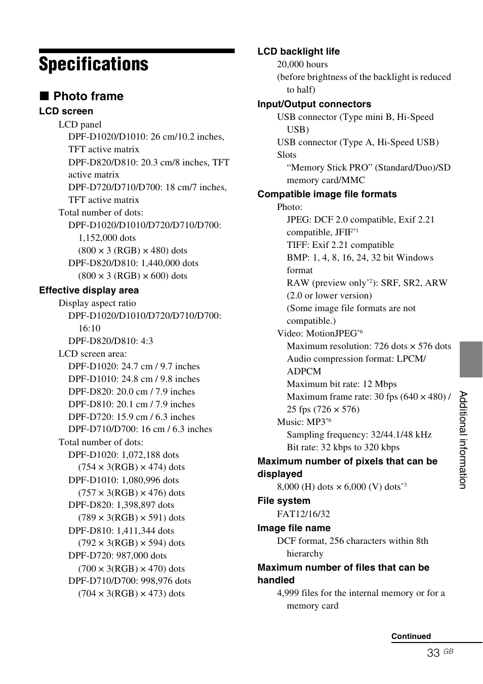 Specifications, X photo frame | Sony D820 User Manual | Page 33 / 40