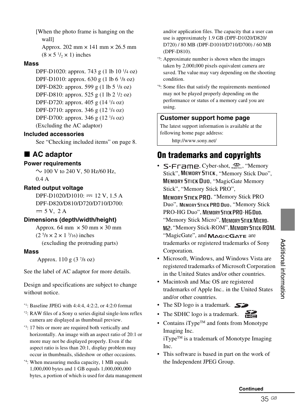 On trademarks and copyrights, X ac adaptor | Sony D820 User Manual | Page 35 / 40