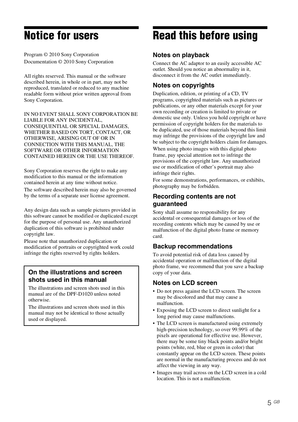 Read this before using, Notice for users | Sony D820 User Manual | Page 5 / 40