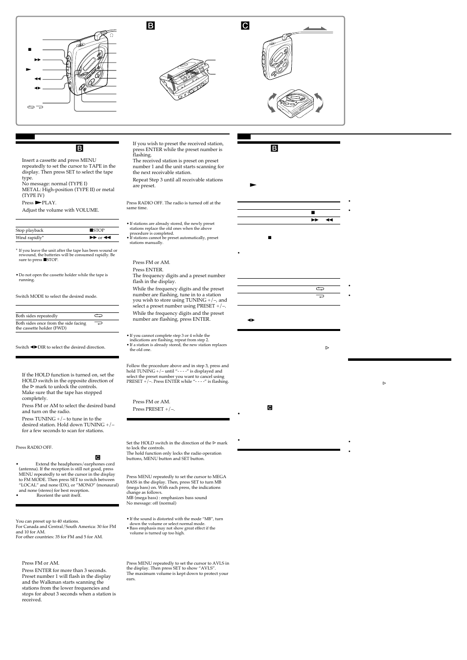 Playing a tape, Listening to the radio, Presetting radio stations | Using other functions | Sony WM-FX481 User Manual | Page 2 / 2