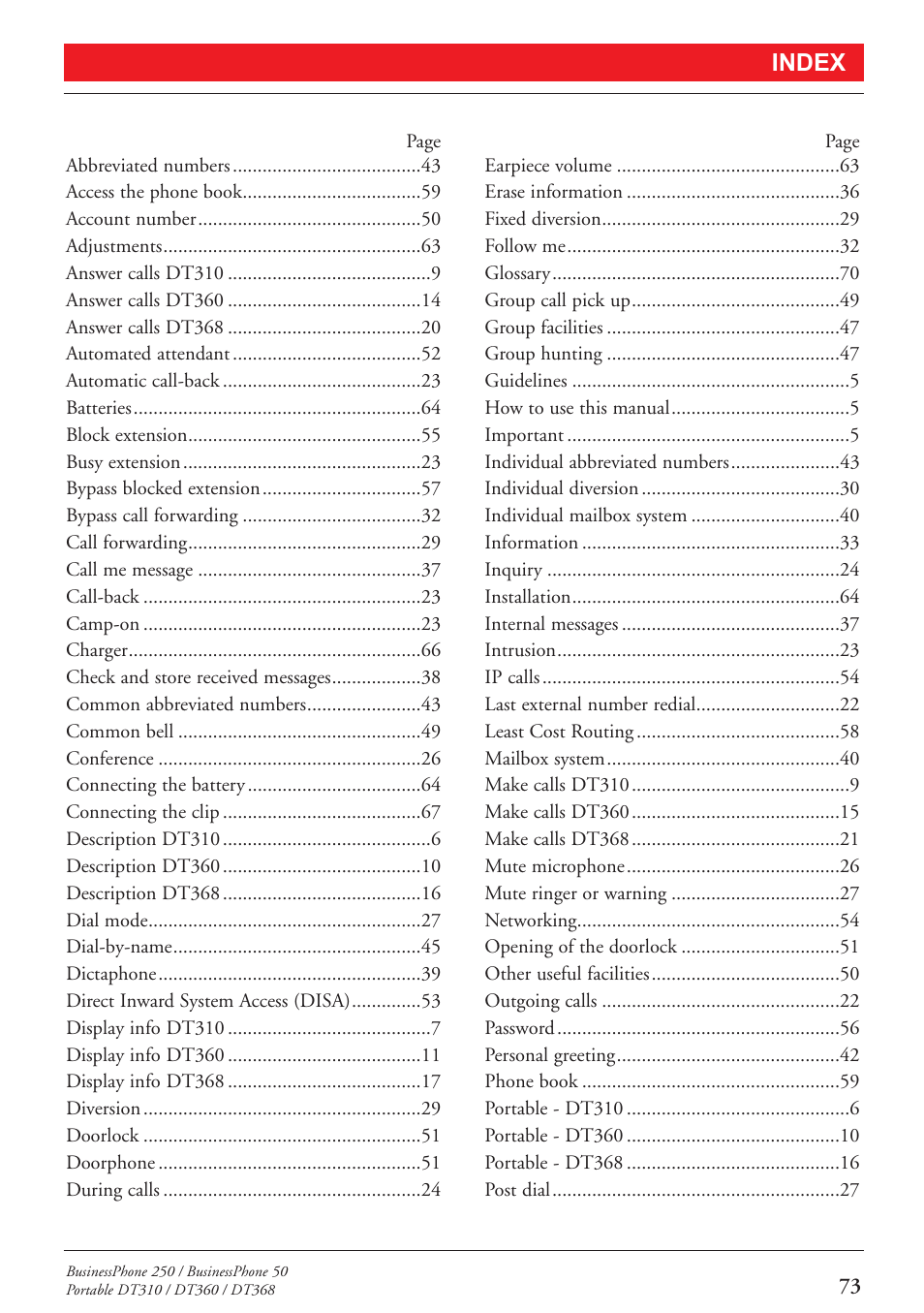 Index | Sony DT360 User Manual | Page 75 / 84