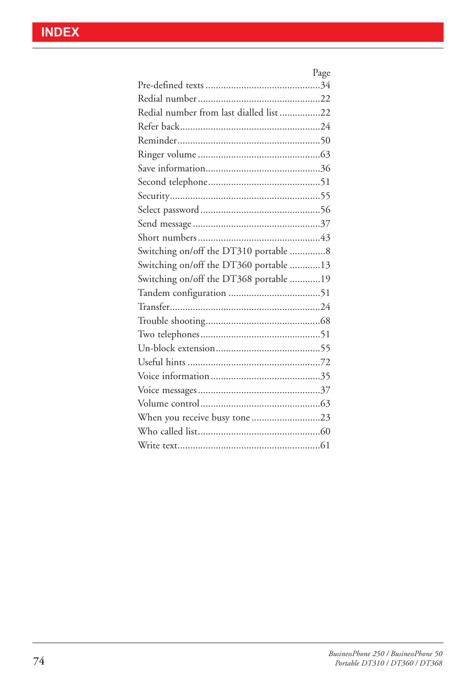 Index | Sony DT360 User Manual | Page 76 / 84