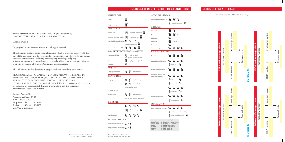 Quick ref. guide - dt360/368, Quick reference card, Disa and messa ge c heck | Sony DT360 User Manual | Page 81 / 84