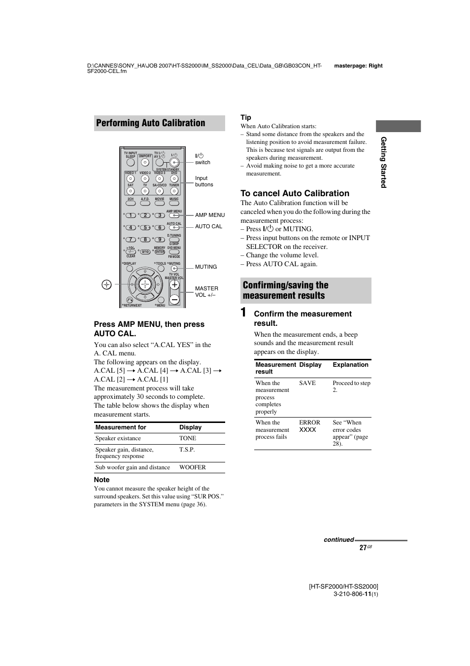 Performing auto calibration, Confirming/saving the measurement results, Press amp menu, then press auto cal | Confirm the measurement result | Sony HT-SS2000 User Manual | Page 27 / 68