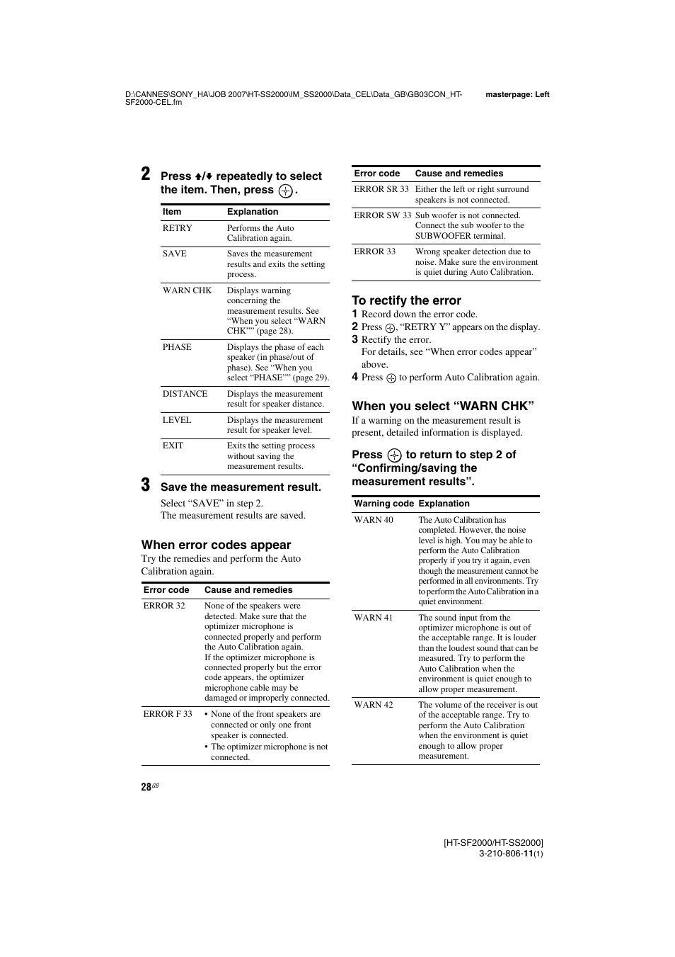 See “when, Error codes, When error codes appear | When you select “warn chk | Sony HT-SS2000 User Manual | Page 28 / 68
