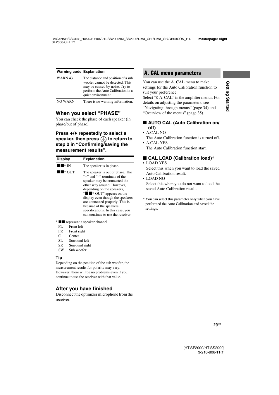 When you, A. cal menu parameters, When you select “phase | After you have finished | Sony HT-SS2000 User Manual | Page 29 / 68