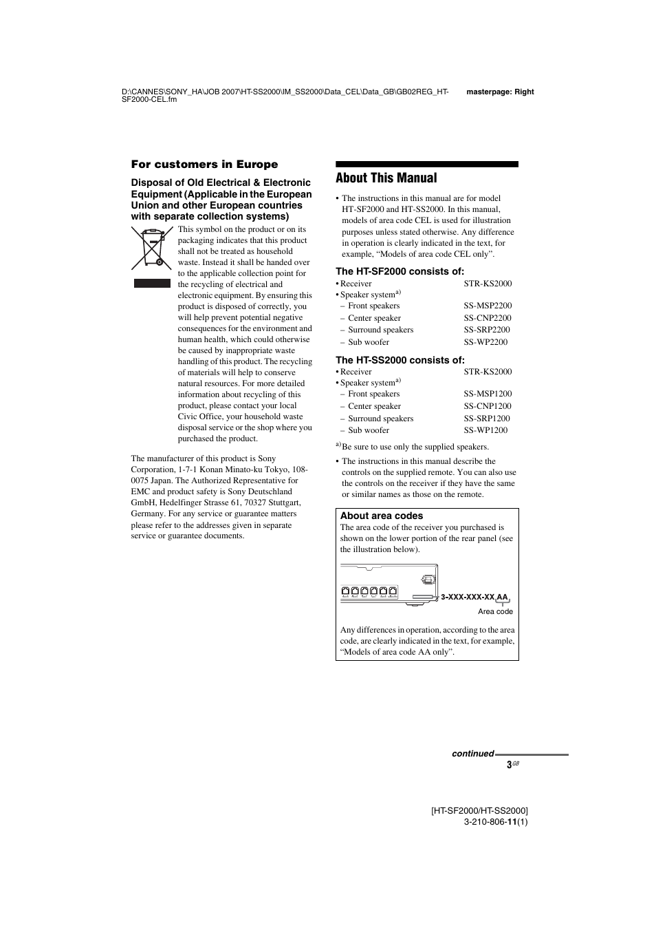 About this manual, For customers in europe | Sony HT-SS2000 User Manual | Page 3 / 68