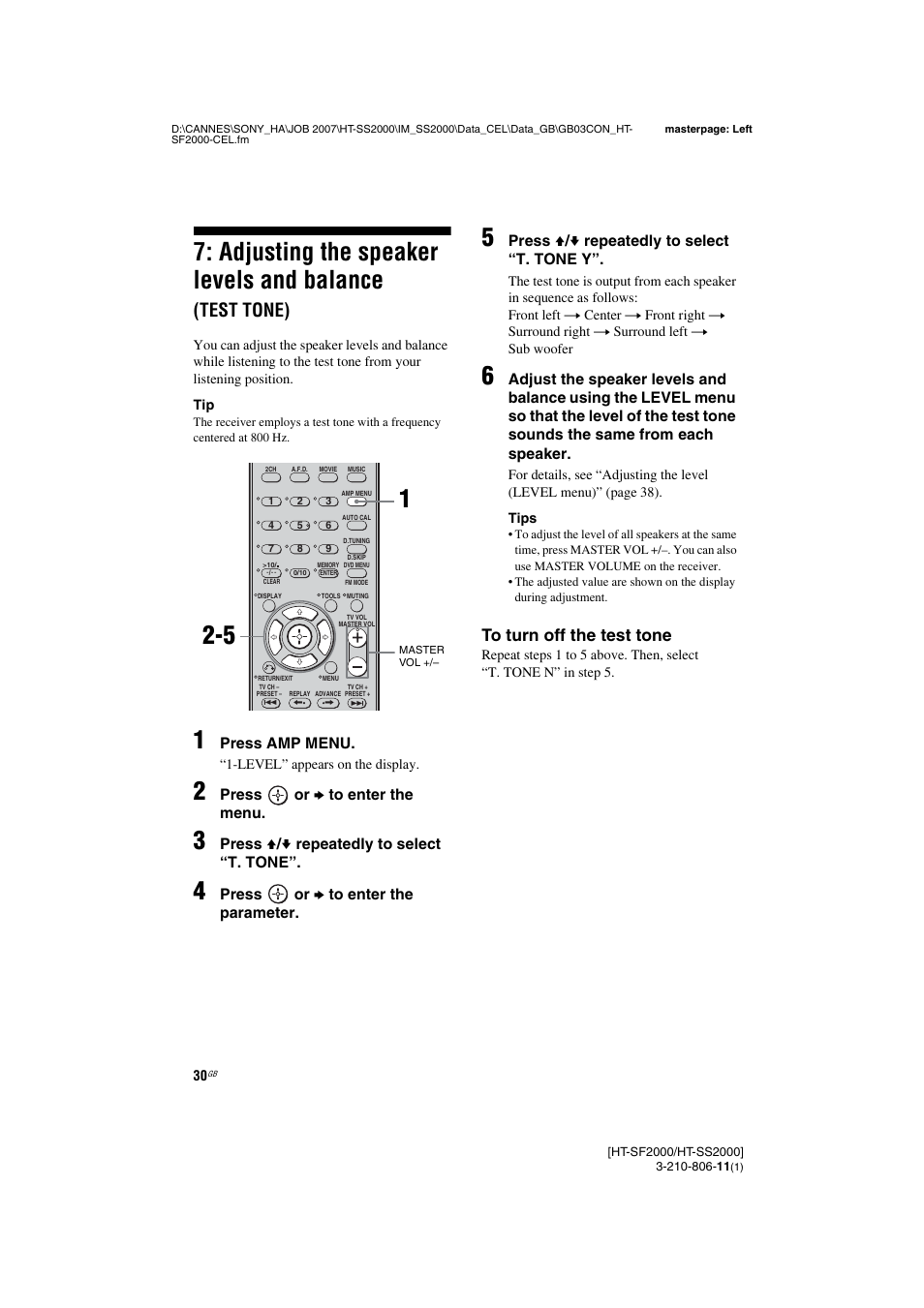 Adjusting the speaker levels and, Balance (test tone), Adjusting the speaker levels and balance | Test tone) | Sony HT-SS2000 User Manual | Page 30 / 68