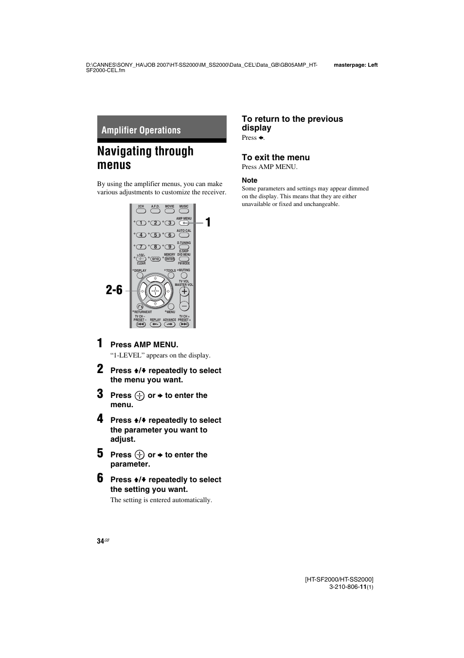 Amplifier operations, Navigating through menus | Sony HT-SS2000 User Manual | Page 34 / 68