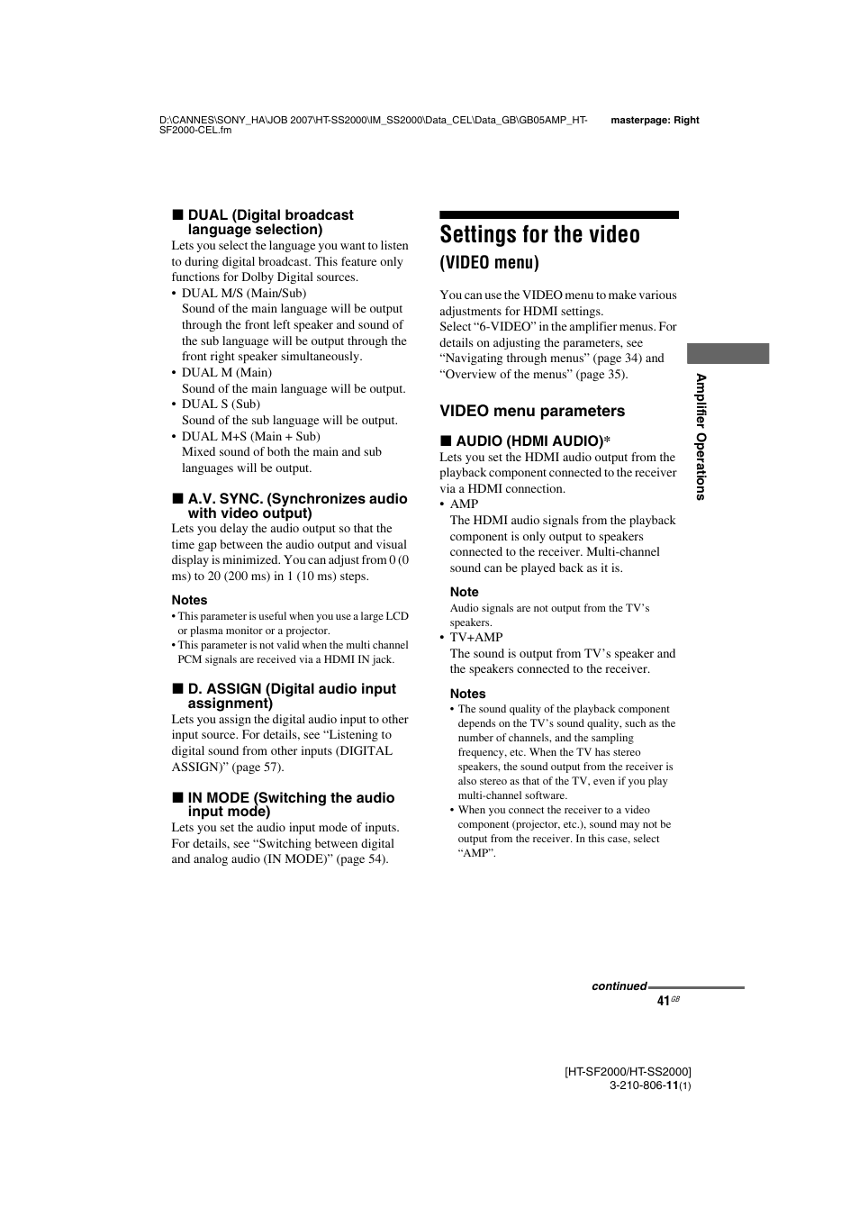 Settings for the video (video menu), Settings for the video, Video menu) | Sony HT-SS2000 User Manual | Page 41 / 68