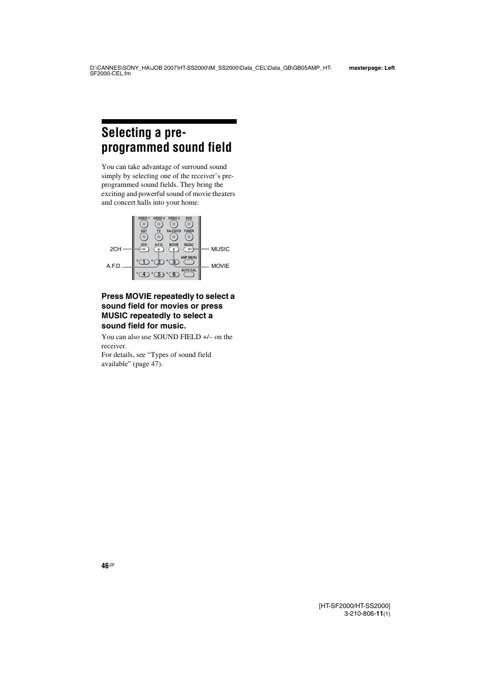 Selecting a pre- programmed sound field, Selecting a pre-programmed sound field | Sony HT-SS2000 User Manual | Page 46 / 68