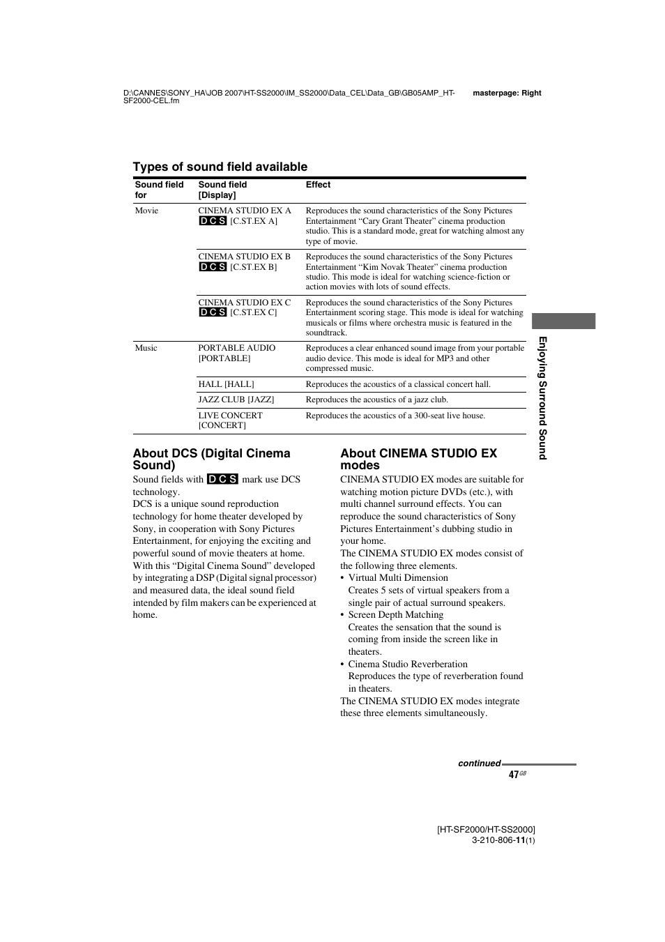 About cinema studio ex modes | Sony HT-SS2000 User Manual | Page 47 / 68