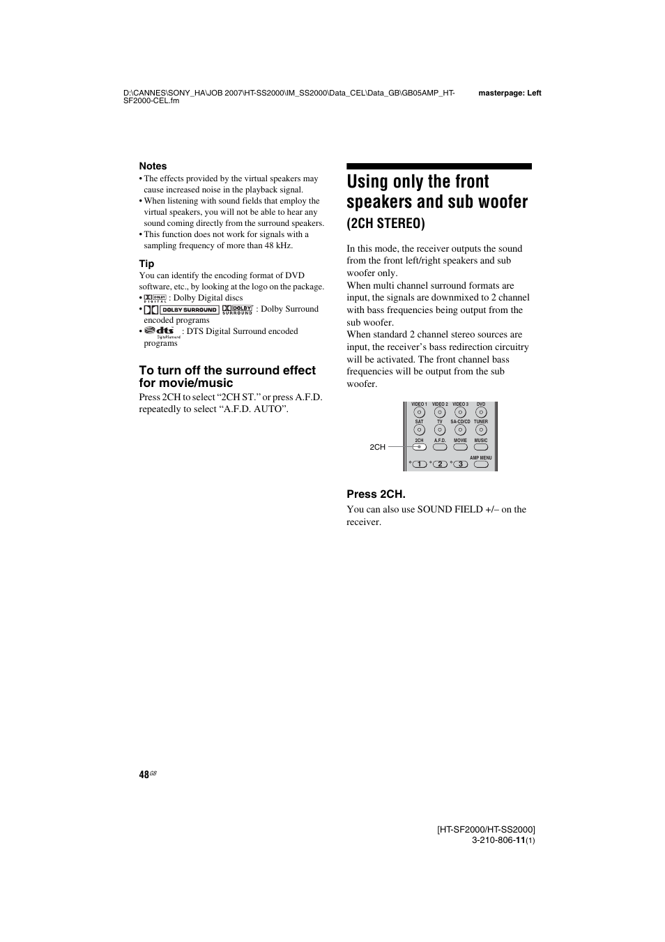 Using only the front speakers and, Sub woofer (2ch stereo), Using only the front speakers and sub woofer | 2ch stereo) | Sony HT-SS2000 User Manual | Page 48 / 68